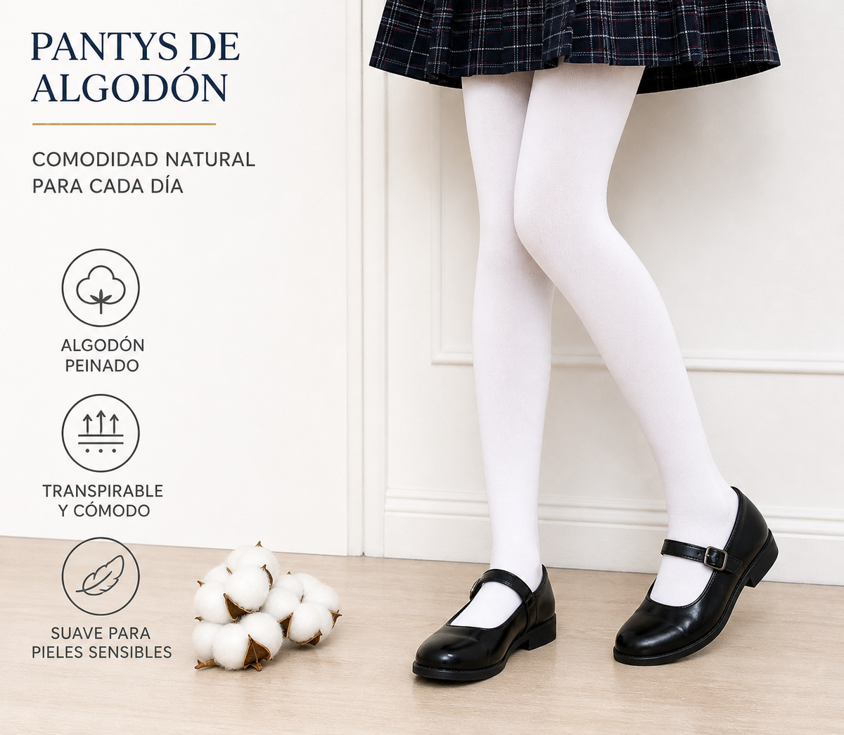 Leotardos Infantiles de Algodón Peinado – Pack 2 Pares Medias Escolares Suaves y Resistentes, Transpirables, Antipilling, Uso Diario, Tallas 3-16 Años (Altura hasta 172 cm)