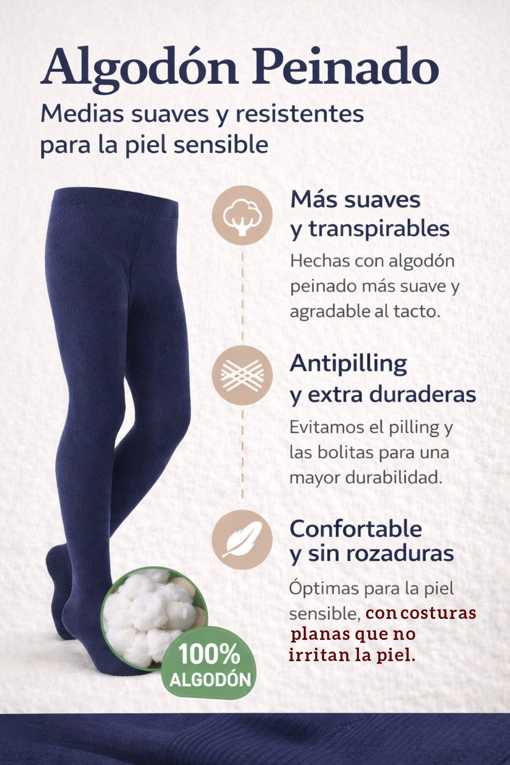 Leotardos Infantiles de Algodón Peinado – Pack 2 Pares Medias Escolares Suaves y Resistentes, Transpirables, Antipilling, Uso Diario, Tallas 3-16 Años (Altura hasta 172 cm)
